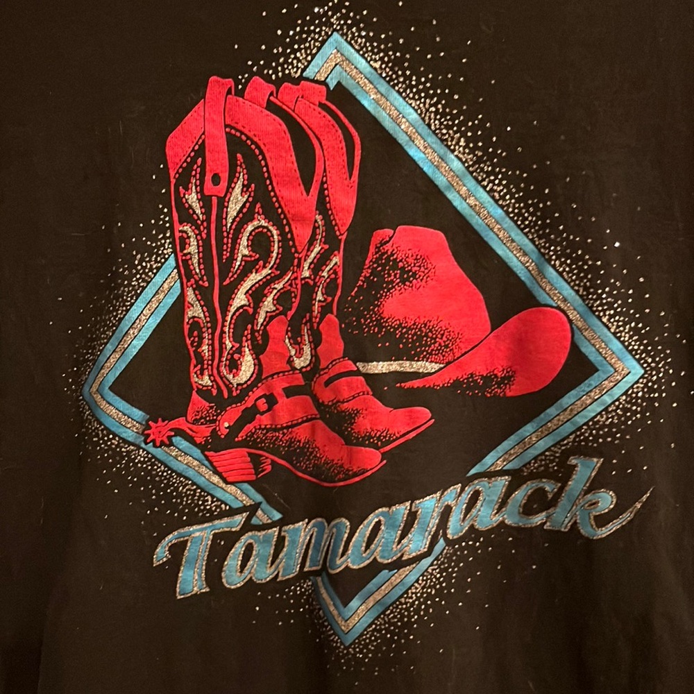 Vintage Fruit of The Loom Black Graphic Cowboy Tamarack T-shirt Top Women size L